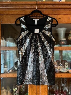 CRUISE WEAR & CO. Silver & BLACK SEQUIN Sunburst EMBELLISHED TANK TOP XL - NWT
